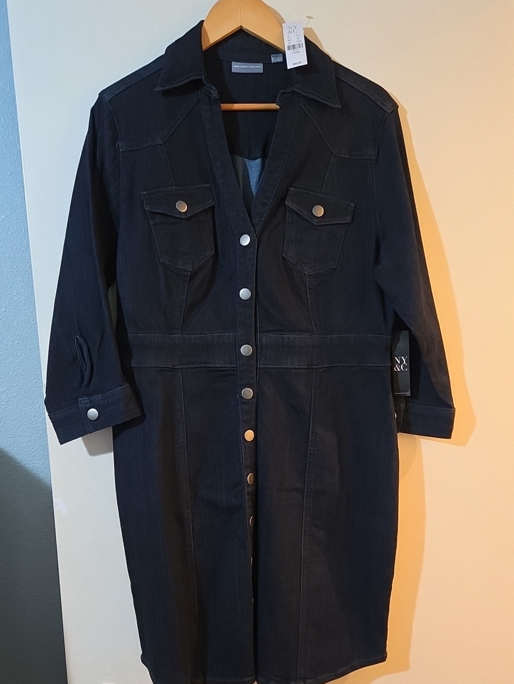 New York & Company Black Denim Button-Front Long Jacket